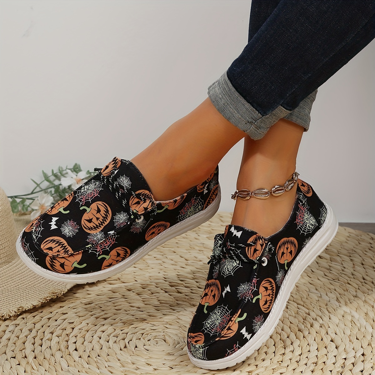 cobweb canvas shoes women s pumpkin casual halloween slip details 3