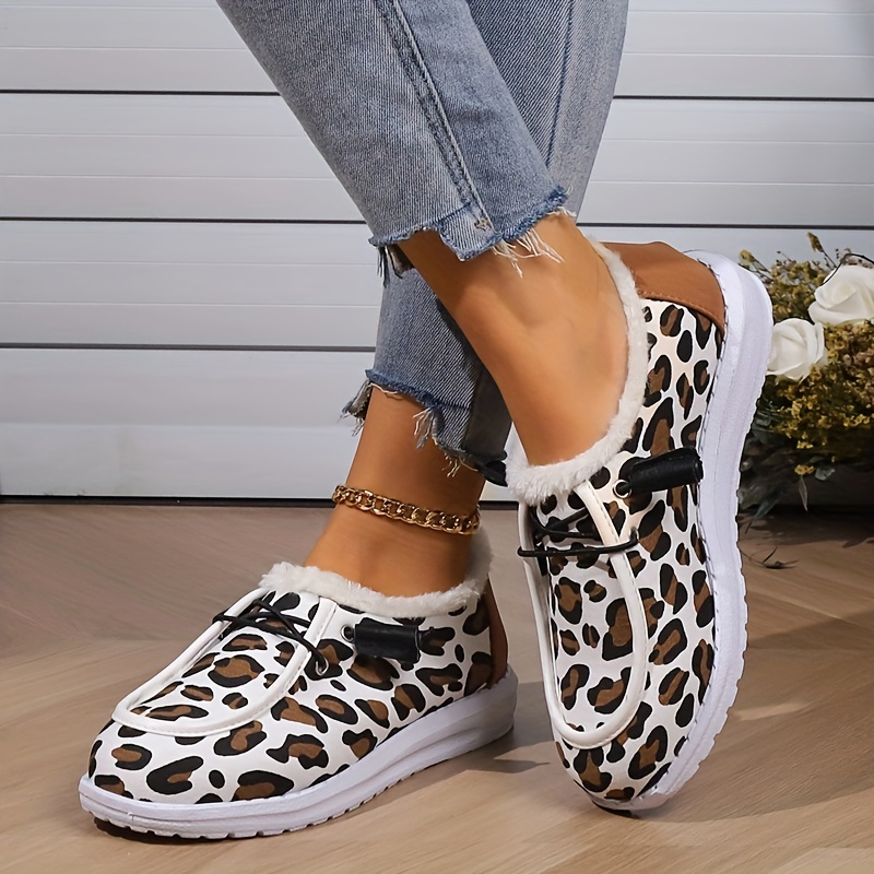 leopard printed canvas shoes women s winter warm plush lined details 2