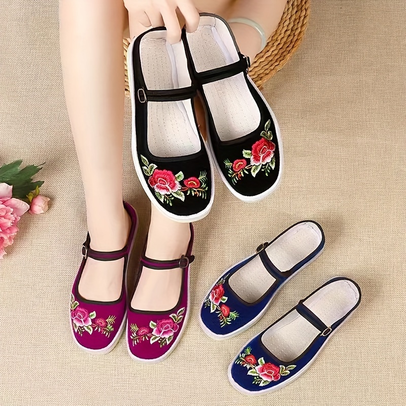 flower pattern flat shoes women s casual ankle buckle strap details 4