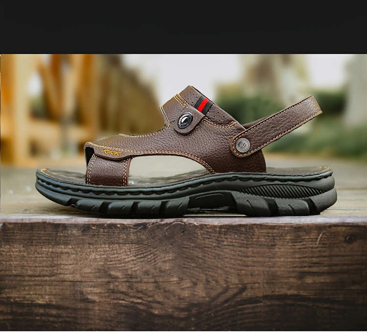 mens top grain cow leather open toe sandals wear resistant non slip slip on sandals for outdoor walking mens summer beach shoes men s shoes temu details 1